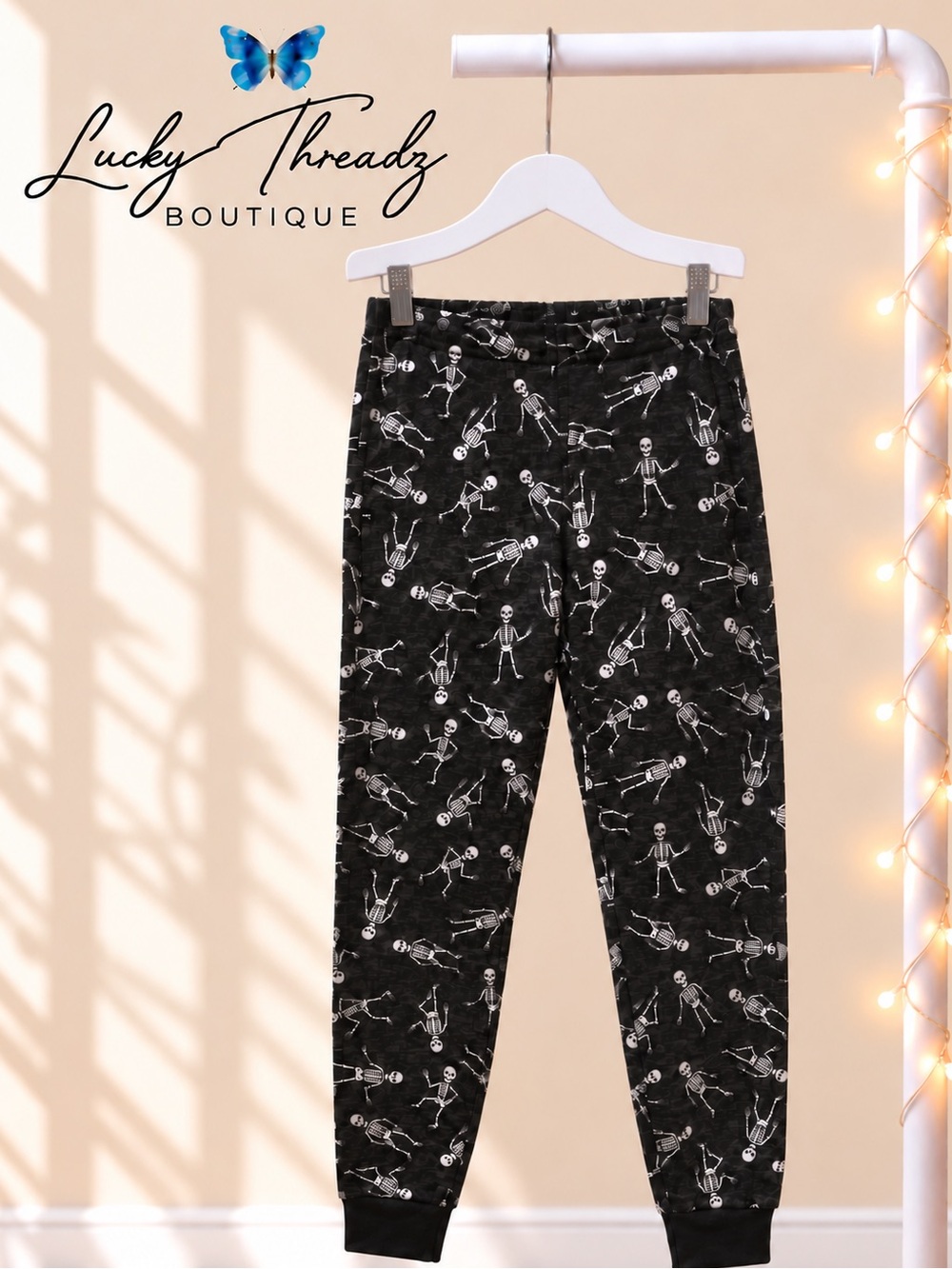 Halloween Skeleton Print Joggers Black White Elastic Waist Pants Womens XS